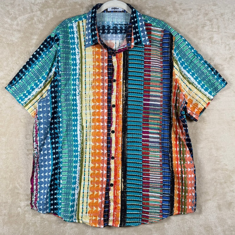 Vatpove Mens XL Short Sleeve Button Down Multi‎ Color Stripe Casual Beach Bold